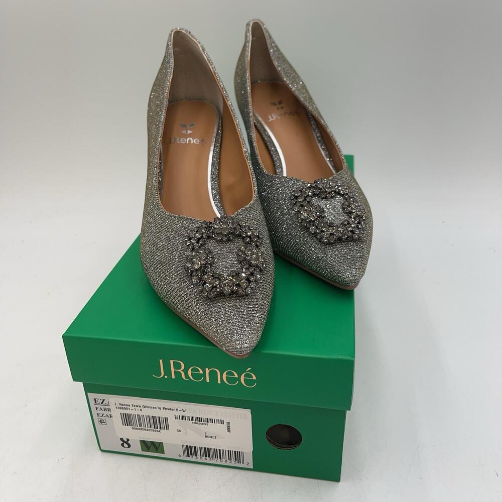 J. Renee Ezara Shoes Womens Silver Rhinestone Kitten Heel Pumps Size 8W